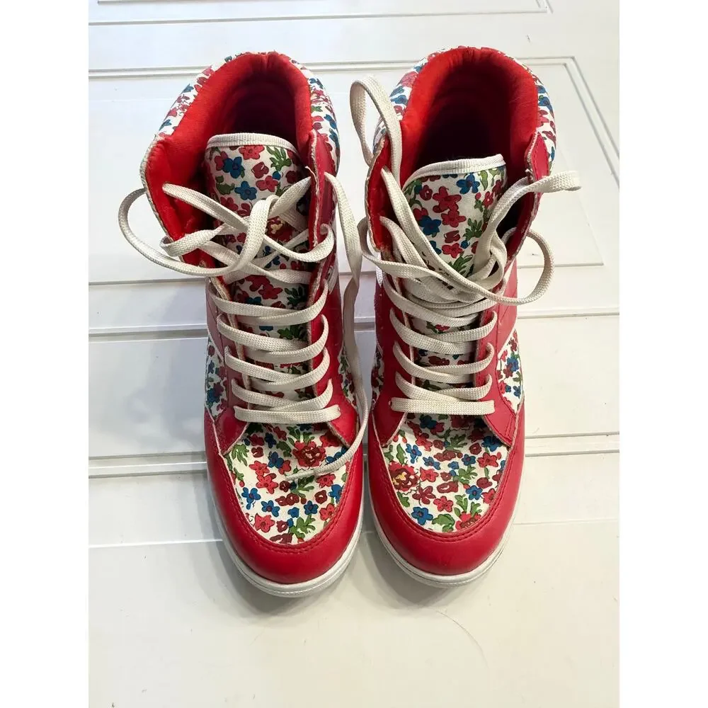 Mudd Womens Sz 8 Red White Floral Y2K Sneaker Wedges Wedge Shoes Retro